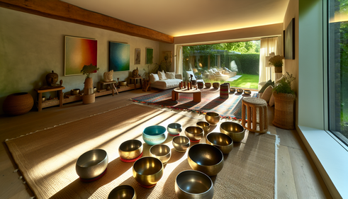 Home meditation space with tibetan singing bowls, sound bath